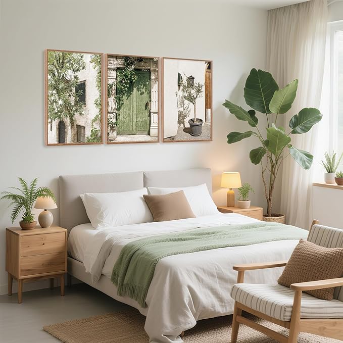 CHDITB Vintage Italy City Landscape Framed Canvas Wall Art Set, Mediterranean Door Wall Decor, Olive Green Cityscape Painting, Tree Old House Italian Art Print For Living Room Bedroom Office 16"x24"x3