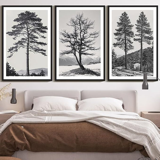 KUVIOKE Vintage Black Gray Forest Wall Art Framed Antique Retro Tree Prints Modern Rustic Artwork Bedroom Living Room Ready to Hang 24x36in (Black Framed)
