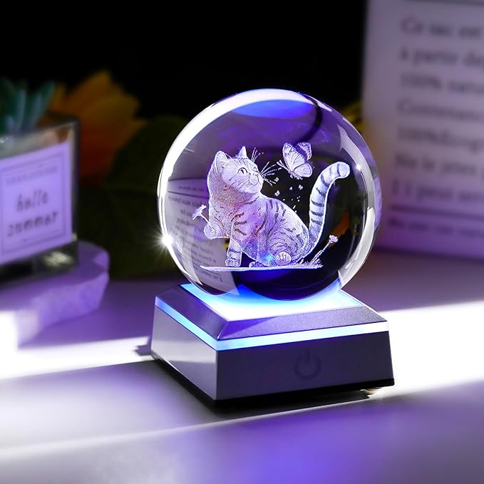 3D Cat Themed Gifts for Women, Mom - 3.15in Crystal Ball Engraved Cat Butterflies with LED Light Base - Mother's Day Birthday Cat Night Light Figurine for Home Decor
