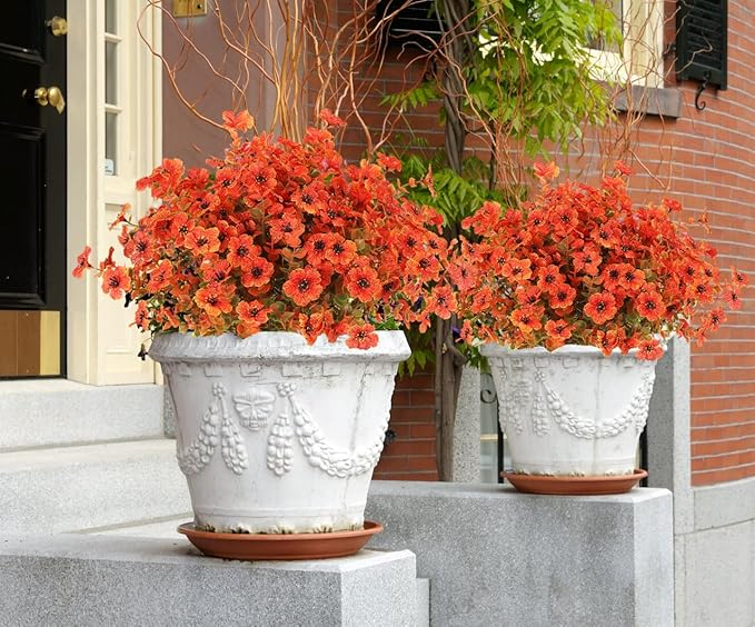 12 Bundles Artificial Mums Fall Flowers for Outdoors Fake Plants - Faux Outside Greenery Boxwood No Fade Plastic Shrubs Decor for Front Door Porch Planter Patio Garden Home Thanksgiving(Salmon)