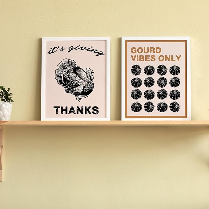 JXREQ Fall Decor Thankful Grateful Vintage Turkey Posters Pumpkin Wall Decor, Gourd Vibes Only Fall Art Prints for Harvest Thanksgiving Kitchen Bedroom Living Room Set of 4, 8x10 Inch Unframed