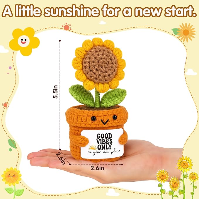 Crochet Sunflower Housewarming Gift – Good Vibes Only in Your New Place – Positive Affirmation Plush for Friend, Coworker, Roommate, New Home or Office Decor