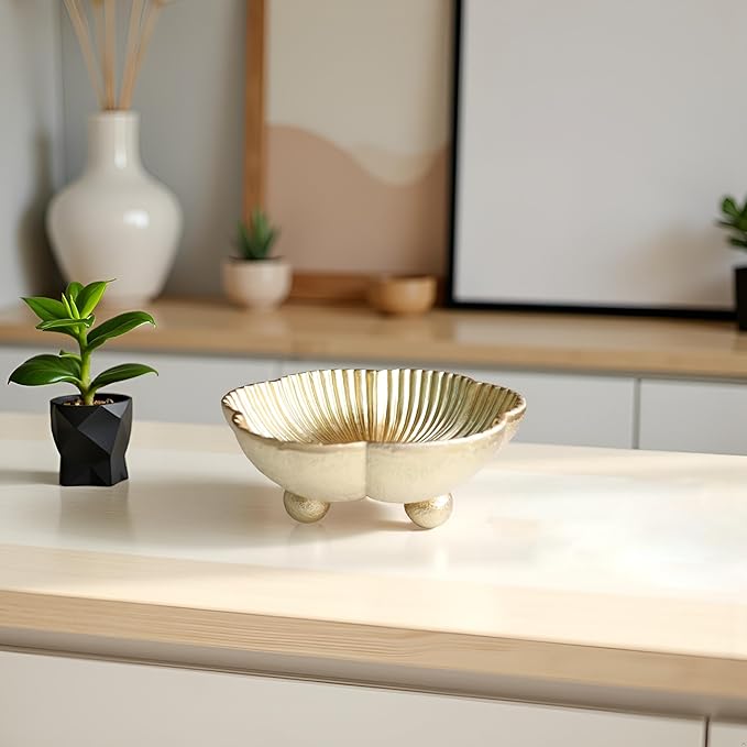 Large Decorative Bowl decor, Scalloped Pedestal Bowls for Modern Home Decor,Ruffle Decor,Stylish Key Bowl for Entry Table,Decorative Fruit Bowl for Kitchen Counter, Golden