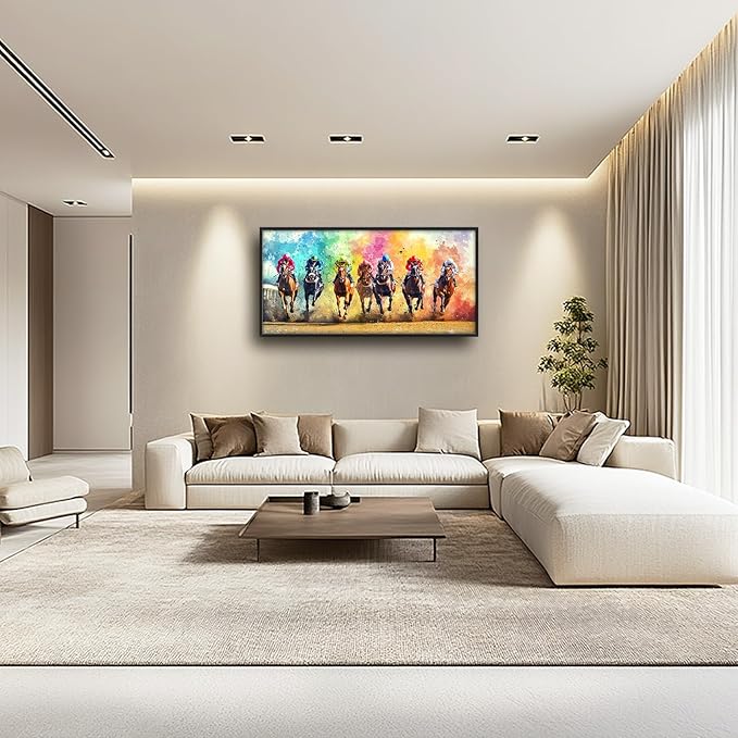 Framed Large Wall Art for Living Room, Horse Racing Canvas Wall Decor, Large Horse Picture Framed Painting, Modern Artwork for Bedroom Office 60L'' × 30W''