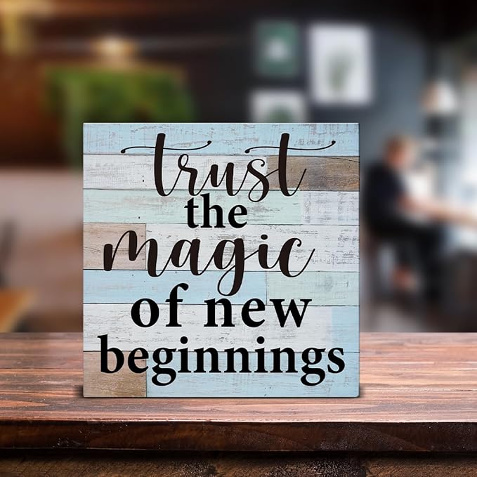 Trust the Magic of New Beginnings Wooden Box Sign Desk Decor, Inspirational Quote Wood Box Sign for Home Office Shelf Table Decoration 5 X 5 Inch
