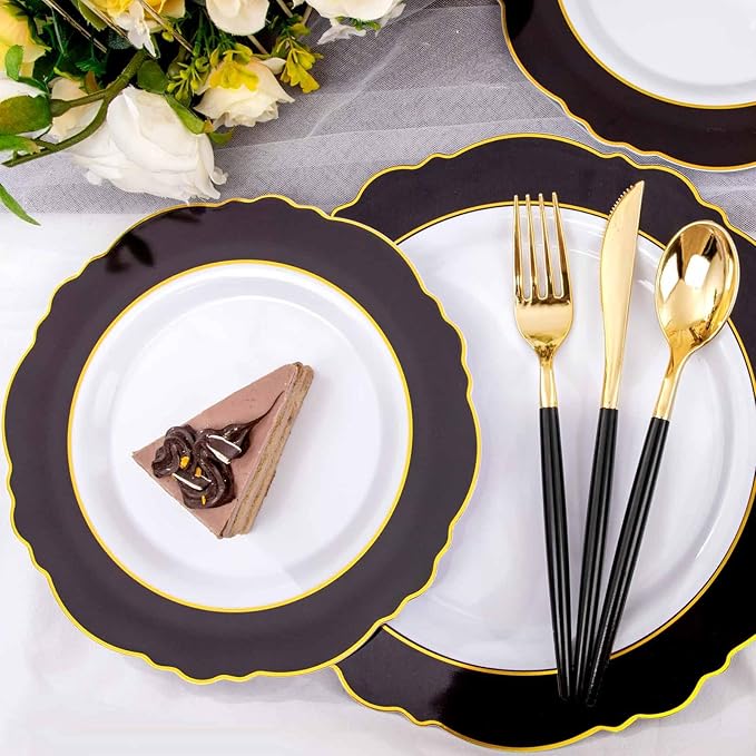 WDF 30Guest Black and Gold Plastic Plates - New Year Plates - Gold Plastic Silverware With Black Handle Baroque Black and Gold Disposable Dinnerware for Halloween & New Year &Parties