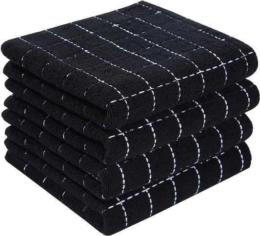 Homaxy 100% Cotton Terry Kitchen Towels(Black, 13 x 28 inches), Checkered Designed, Soft and Super Absorbent Dish Towels, 4 Pack