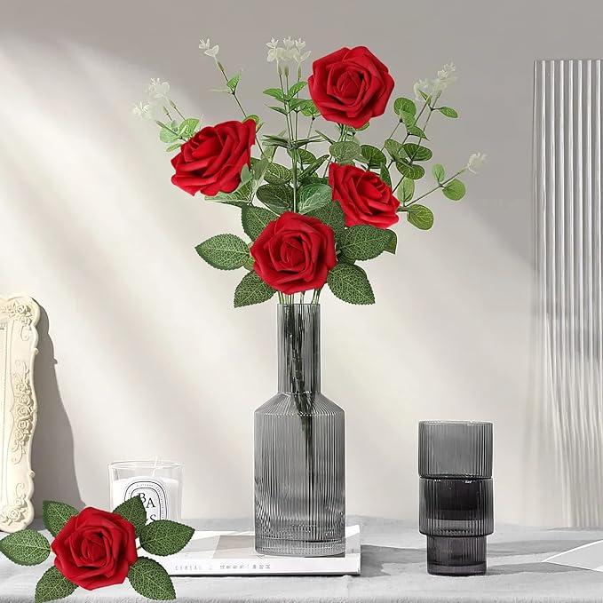 AmyHomie Artificial Flowers Dark Red Rose 50pcs Real Looking Fake Roses w/Stem for DIY Wedding Bouquets Centerpieces Arrangements Party Baby Shower Home Decorations