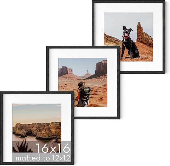 HAUS AND HUES Solid Oak Wood 16”x16” Picture Frames Matted to 12”x12” Set of 3 - Square Picture Frames 16 x 16, Black Frames for Gallery Wall 16x16, 3 Square Frames, 16 x 16 Frames (Black Frame)