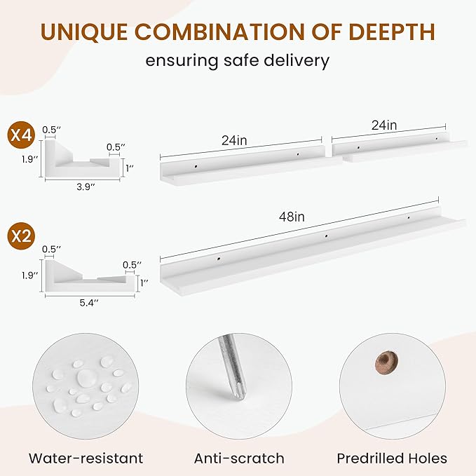 Axeman Picture Ledge Shelf, Floating Shelves for Wall Decor Storage Set of 6, 48 inch Floating Wall Mounted Shelves, Wall Shelves with Lip for Living Room, Bedroom, Nursery, Bathroom, Kitchen, White