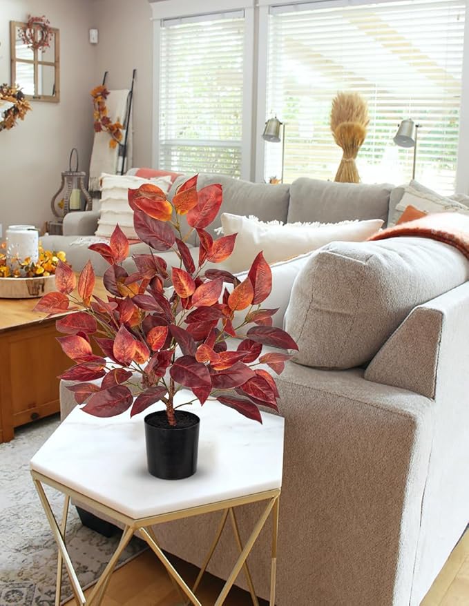Briful 19.7" Fake Fall Tree in Black Pot, Autumn Small Artificial Elm Leaf Tree Faux Plants Indoor for Home Office Room Tabletop Mantel Thanksgiving Decor