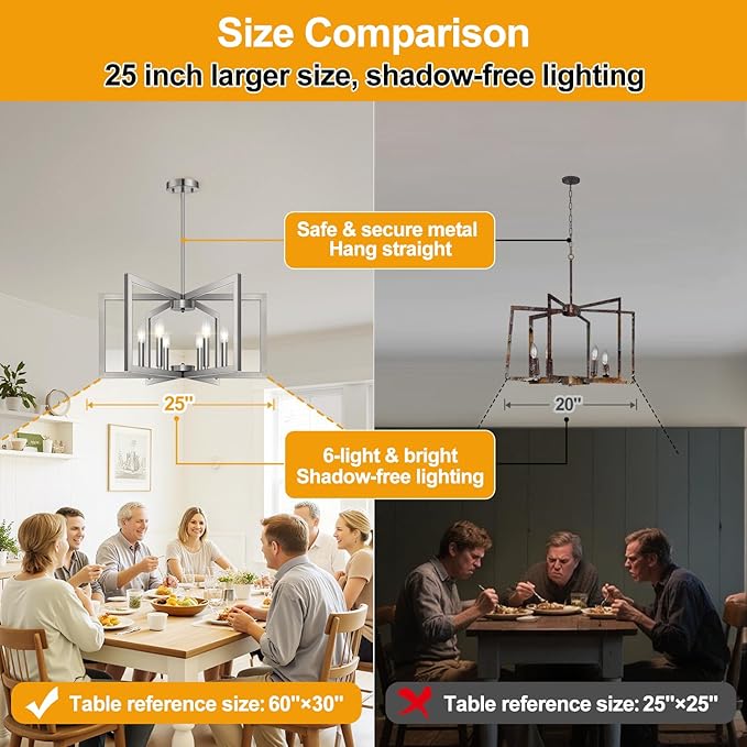 25" Modern Brushed Nickel Chandelier for Dining Room (6-Light, 25-Inch), Geometric Dining Room Light Fixture Over Table, Industrial Metal Hanging Pendant Lights for Kitchen Island, Entryway, Foyer