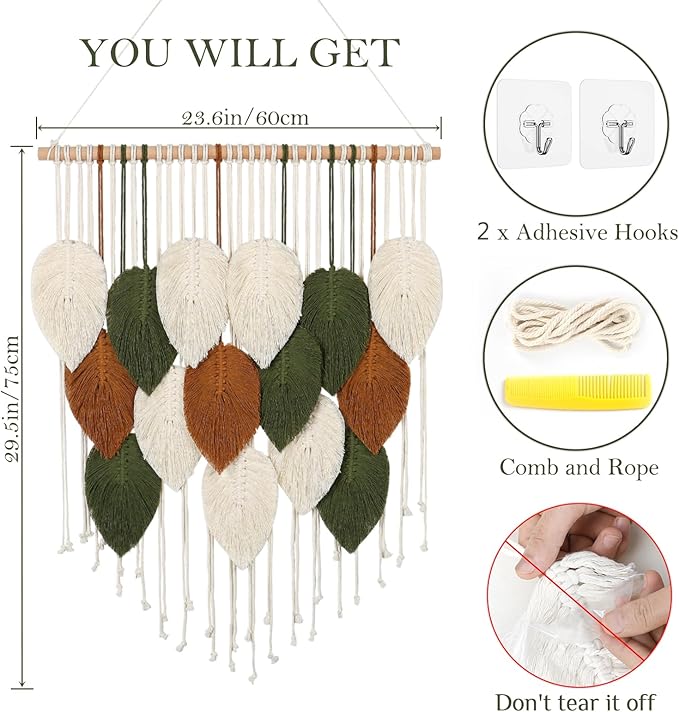 KHOYIME Macrame Wall Hanging Boho Woven Tapestry, Chic Home Decor Modern Bohemian Handmade Leaf Feather Wall Art Decorations for Apartment Dorm Living Room Bedroom Nursery Backdrop 23.6" W X 29.5" L