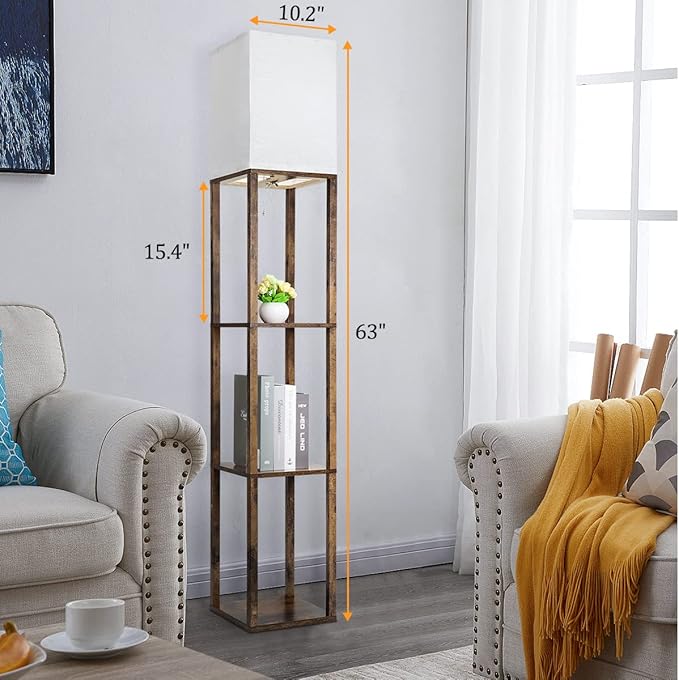 Dott Arts Floor Lamp with Shelves, 3 Color Temperature LED Bulb, Wood Texture, Storage, Brown