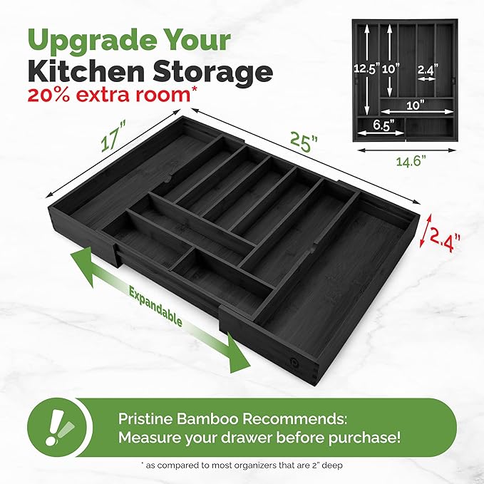 Silverware Organizer - Expandable Kitchen Drawer Organizer - Adjustable Kitchen Drawer Organizer for Utensils, Expandable to 25 Inches Wide, 10 Slots - Black