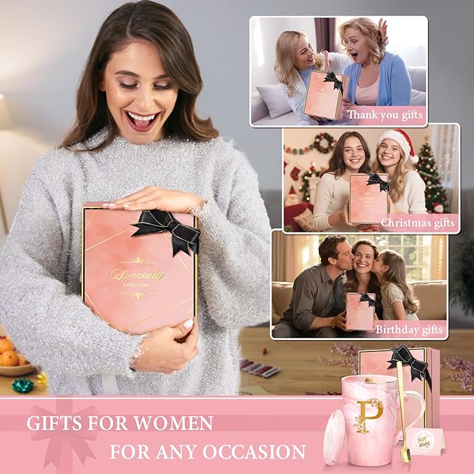 Coffee Mugs - Birthday Gifts for Women, Personalized Initial Customized Mug Tea Cup with Lid 14 Oz Pink, Spoon Greeting Card, Luxury Gift-Boxed Christmas Gift for Her Wife Mom Grandma Friend Unique,P