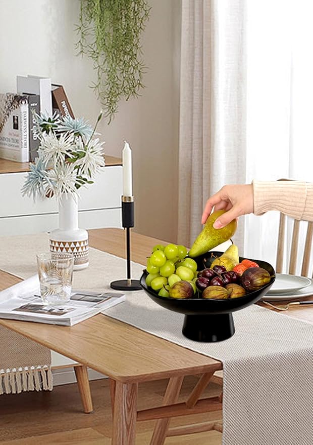 Nucookery Ceramic Fruit Bowl for Kitchen Counter, Modern Fruit and Bread Basket Stand, 10 inch Large Decorative Bowl for Home Kitchen Decor, Fruit & Vegetables Holder Storage, Matte Black