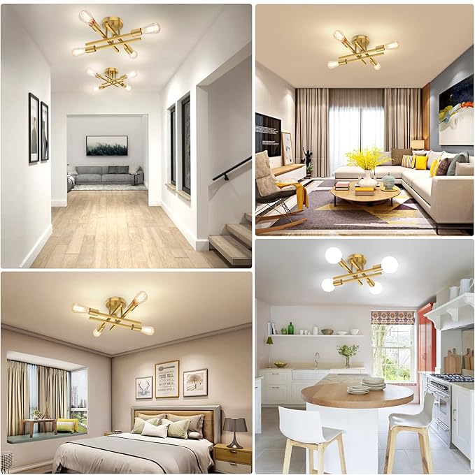 Gold Semi Flush Mount Ceiling Light Fixture, 4-Light Modern Industrial Sputnik Chandelier Light Fixture, Flush Mount Ceiling Lamp for Kitchen Bedroom Living Room Dining Room Closet, E26 Bulb Sockets