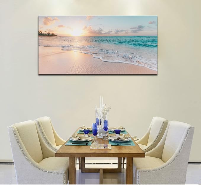 OKEXCKK Beach Large Canvas Wall Art Picture for Living Room - Sunset Ocean Nature Painting Print Decor Coastal Wall Decor Seascape Artwork Poster for Bedroom Decoration - 24"x48"