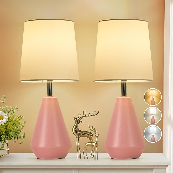 Small Bedside Table Lamp for Bedroom-Reading Desk Lamp Set of 2,with 3 Color Temperatures,15.5" Nightstand Ceramic Lamp with Fabric Shade for Kids Room,Living Room,Dorm,Home Office(Pink+White)