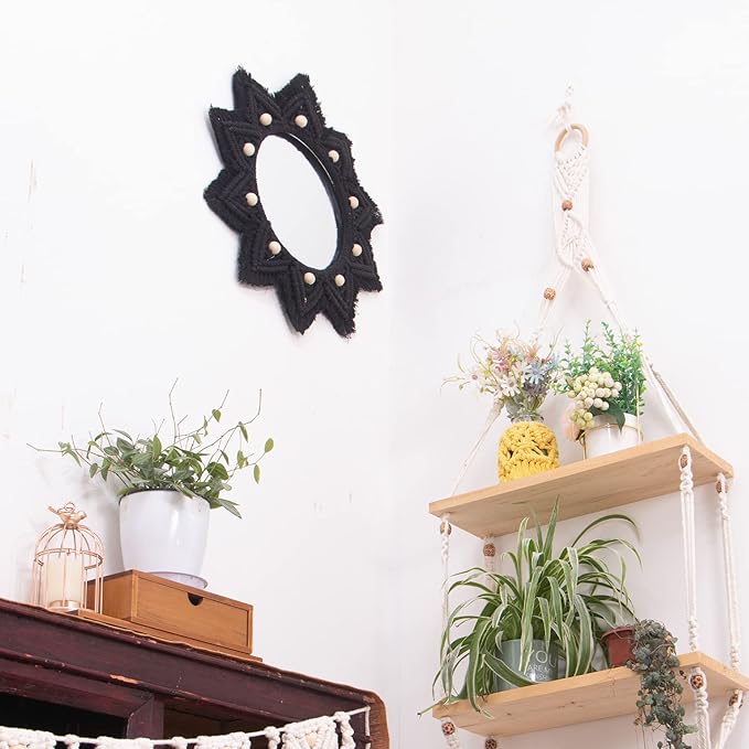Boho Wall Hanging Mirror Macrame Bohemian Round Mirror for Bedroom Living Room Apratment