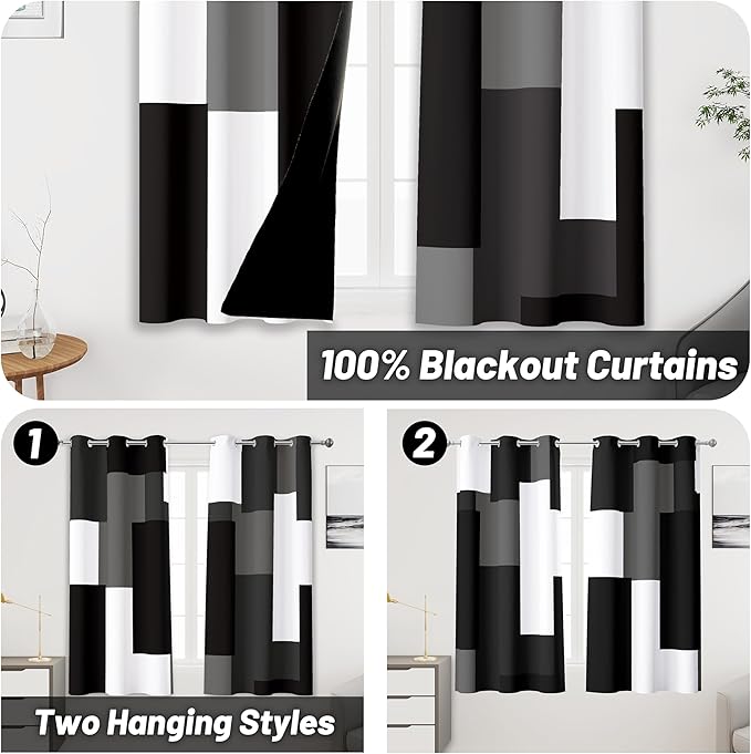 Black Grey Short Blackout Curtains 45 inch Length 2 Panels Set White Grey Modern Abstract Geometric Drapes for Kitchen Black Out Curtains Insulated Room Darkening Small Window Curtains, 42Wx45L