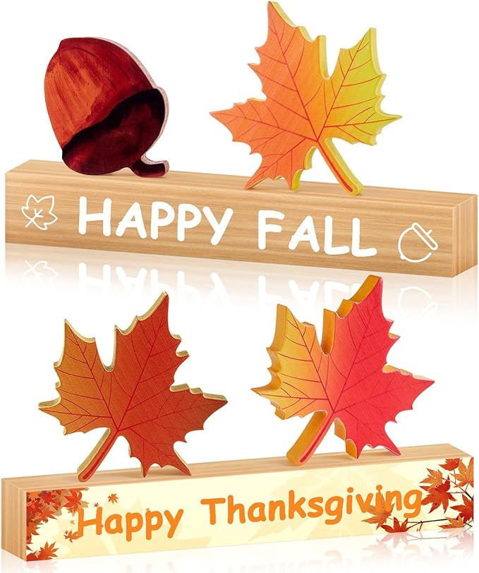 DUQGUHO Fall Leaves Decor, Fall tiered Tray Decorations Set, Wooden Autumn Decor, Wooden Signs Harvest Decoration, Thanksgiving Party Tray Display Shelf, Maple Leaf Pine Cone Set of 4