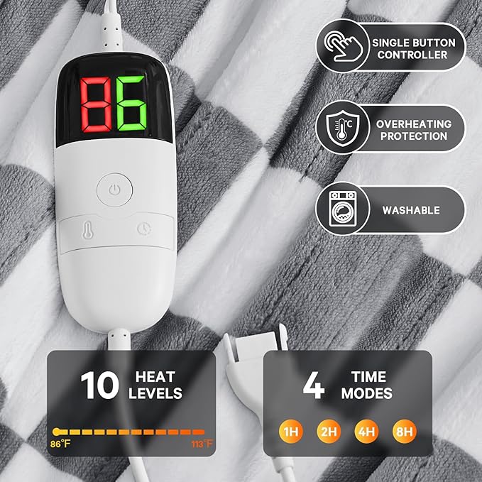 Heated Electric Blanketc Throw, 50X60 Heating Blanket with 10 Heat Level & 8 Hour Auto Off for Lap, Light Gray Checkered Plaid Sherpa Blankets Warmer Gift for Couch Grandma Women Adults Washable, ETL