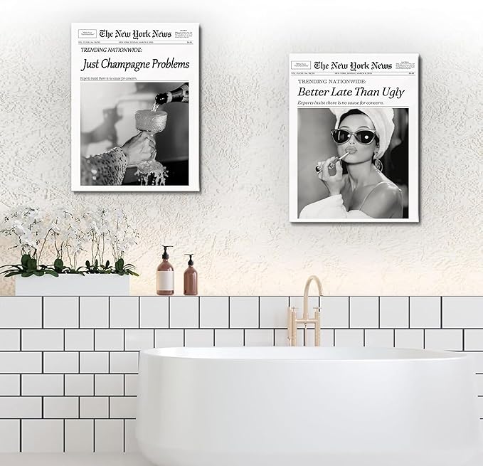 Champagne Problems Newspaper Framed Wall Art,Trendy Retro Black and White Wall Art for Bar Cart Bathroom Apartment Kitchen Dorm Dining Decor Funky Vintage Celebrate Poster for Home Wall Artwork 12x16