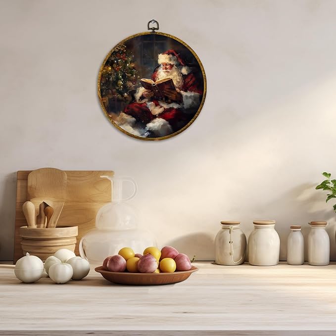 CUANFDDSF Vintage Christmas Santa Reading Round Wall Art Decor, Cozy Xmas Tree Santa Claus Holiday Wall Hanging Frame Decor, Winter Christmas Canvas Prints Decorations for Home Bedroom, 10x10 Inch