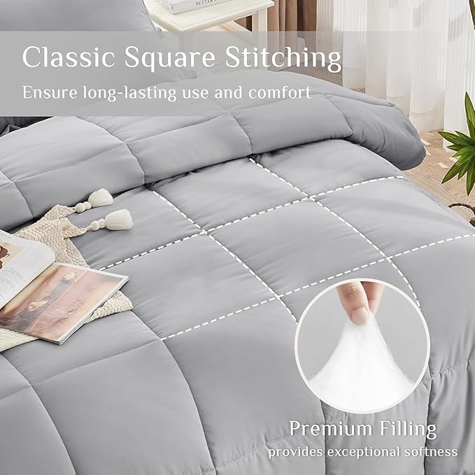 JOLLYVOGUE Twin Comforter Set, Ultra-Soft Bed in a Bag Twin Size 5 Pieces, Oeko-TEX Certified Bedding Set with Down Alternative Comforter, Sheets, Pillowcases & Shams, Light Grey