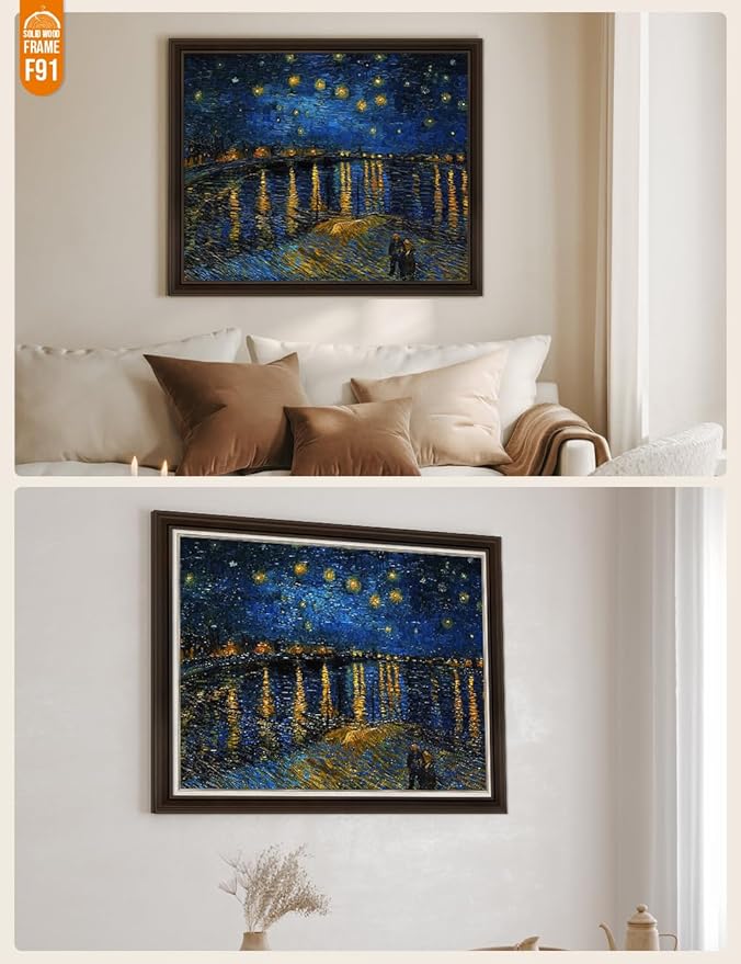 DECORARTS - Starry Night Over The Rhone, Vincent Van Gogh Art Reproduction. Acid Free Cotton Canvas Giclee Print w/Bronze Frame&Mat for Wall Decor.
