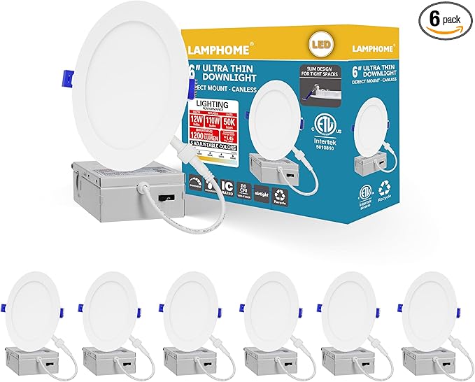 6-Pack of 6-Inch Slim LED Recessed Lights with Junction Box, Adjustable Color Temperatures (2700K-5000K), 12W Equivalent to 110W, Dimmable, 1050LM Brightness - ETL and Energy Star Certified