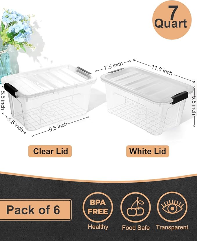 Plastic Storage Bins with Lids 6 Pack, 7 Quart Storage Containers with Black Buckle Latch, Stackable Storage Containers for Home Pantry Office Classroom Organization, White