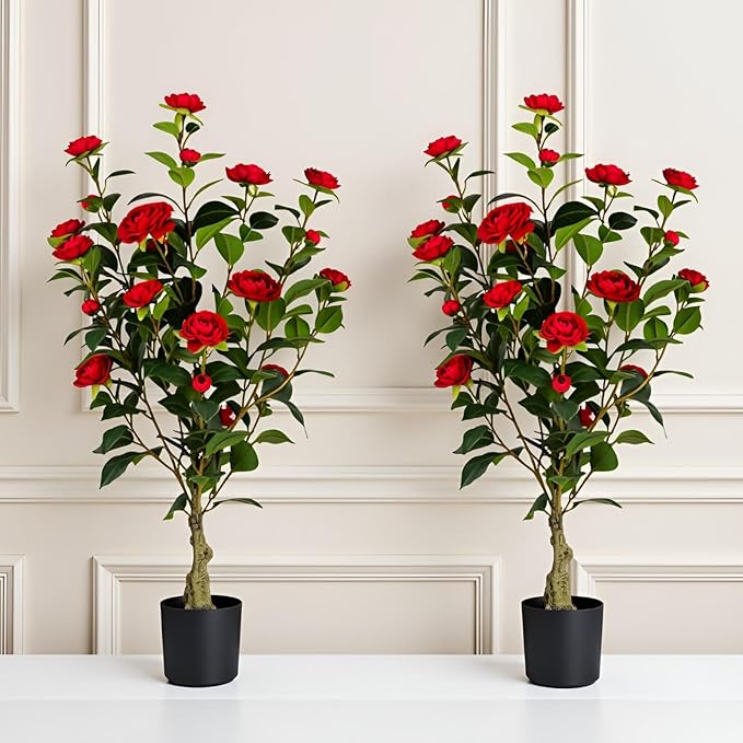 Artificial Camellia Tree 2 Pack, 3FT Faux Camellia Plant in Pot, 36 inch Fake Potted Camellia Flower Tree Plastic Camellia Tree for Modern Home Office Living Room Floor Decor Indoor, Red