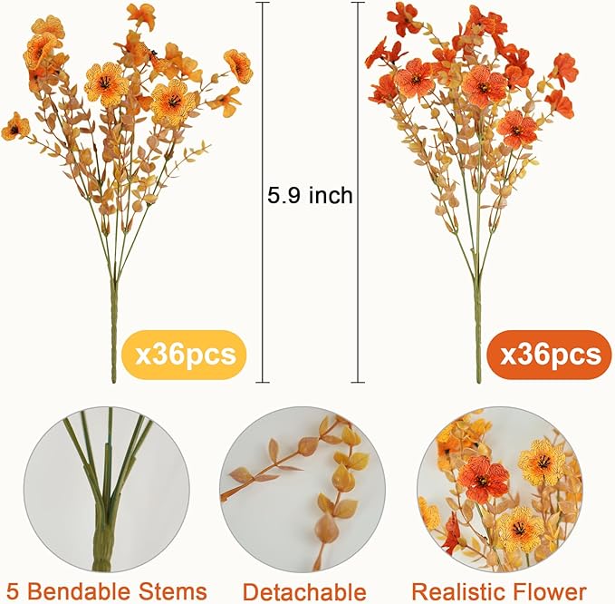 Agusbagli 72 Bundles Fake Fall Flowers for Outdoor UV Resistant Artificial Fall Boxwood Plants No Fade Faux Autumn Flowers Arrangements for Outdoor Home Planter Porch Garden Thanksgiving Fall Decor