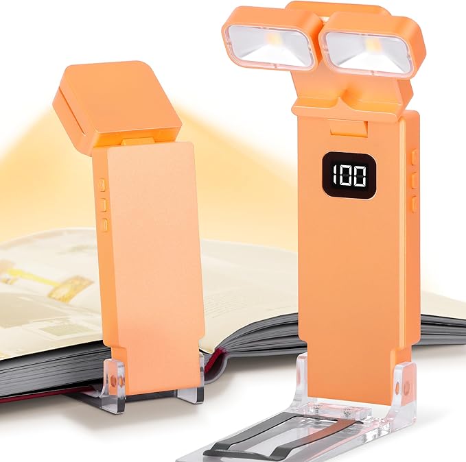 Dott Arts Book Light,Dual-Heads Reading Light for Bedtime with Screen Display.Rechargeable Ultralight Clip on LED Bookmark Lamp with 5 Color,6 Brightness Levels,1000mAh,Timer Function.Yellow