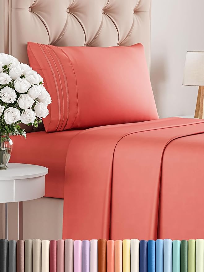 Twin XL Size 3 Piece Sheet Set - Comfy Breathable & Cooling Bed Sheets Set - Hotel Luxury Bedding for Women, Men, Kids, Teens, Boys & Girls - Deep Pockets, Ultra-Soft, Wrinkle Free - Oeko-Tex - Coral