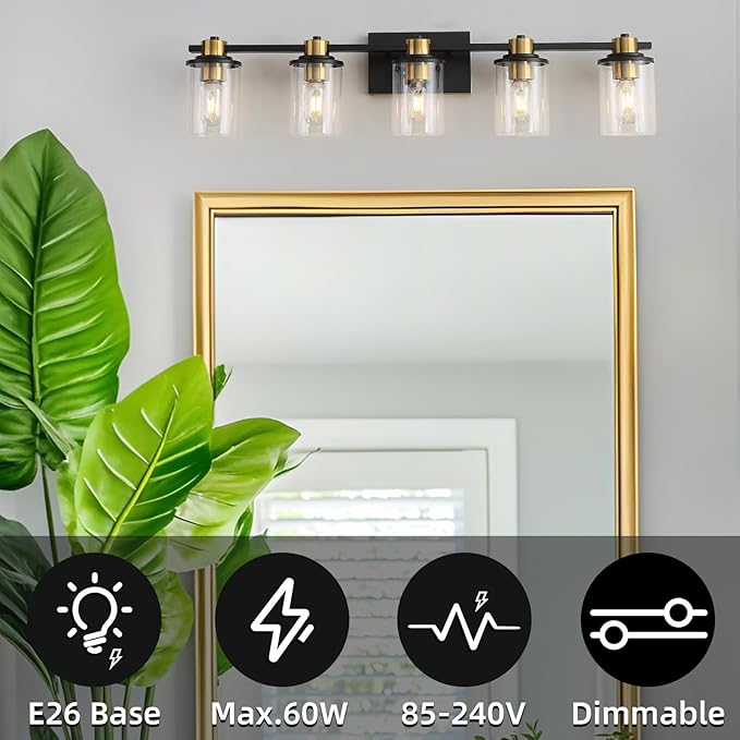 LOUSACE Bathroom Lighting Fixtures Black and Gold 5 Light Bathroom Vanity Light Over Mirror with Clear Glass Shades, Brushed Gold Socket Wall Vanity Lighting Fixtures for Bedroom Living Room
