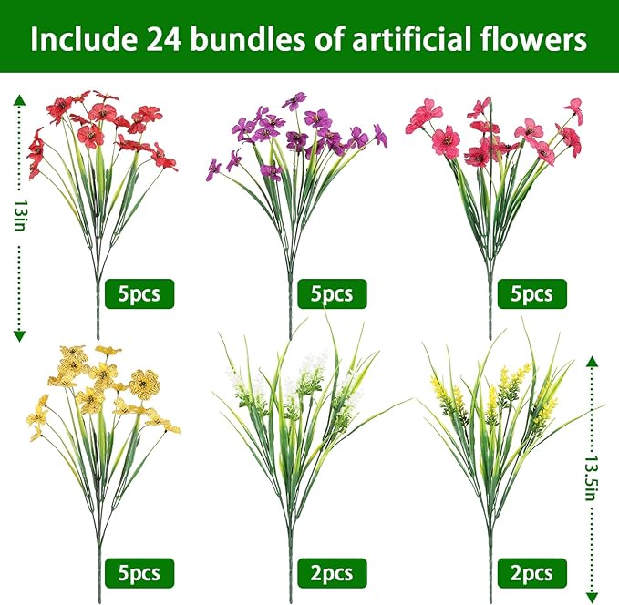 24 Bundles Realistic Fake Flowers for Outdoors, No Fade Faux Silk Flowers & Artificial Plants Lavender, for Garden Patio Porch Decor, Window Box, Hanging Basket, Planter, Grave Decorations