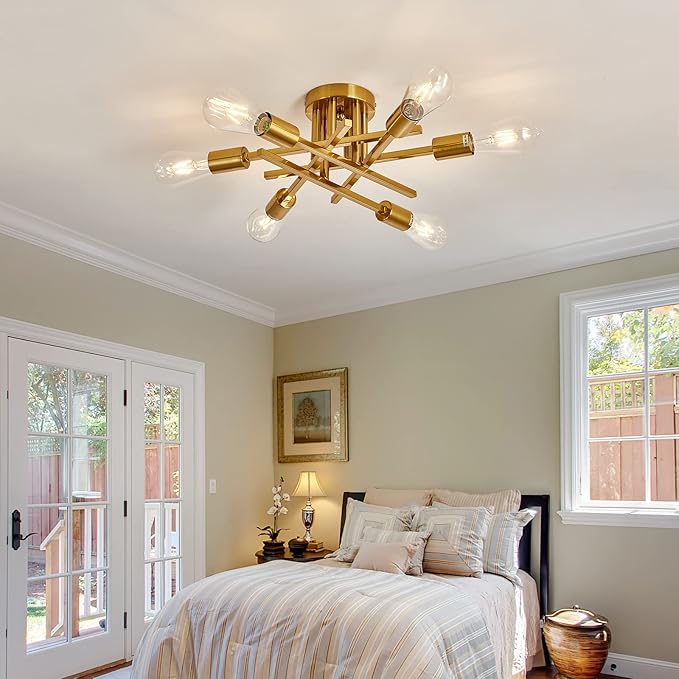 ASGYISA 6-Lights Semi Flush Mount Ceiling Light Fixture Gold Modern Matte Sputnik Chandelier Vintage Ceiling Lamp Farmhouse for Kitchen Bedroom Dining Room Living Room with E26 Bulb Base