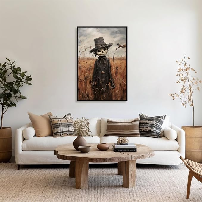 Vintage Fall Wall Art Cute Scarecrow in Field Posters Scarecrow Pictures Canvas Prints Autumn Cornfield Cottage Core Halloween Room Decor 24x36inch black framed