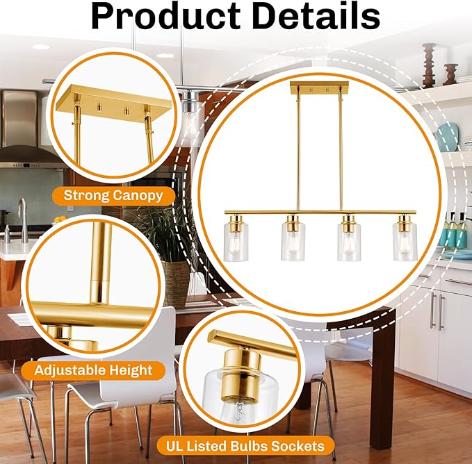 Kitchen Island Light, 4-Light Pendant Lighting, Farmhouse Industrial Dining Room Light Fixtures for Kitchen Island Dining Living Room, Brushed Gold with Clear Glass Shade