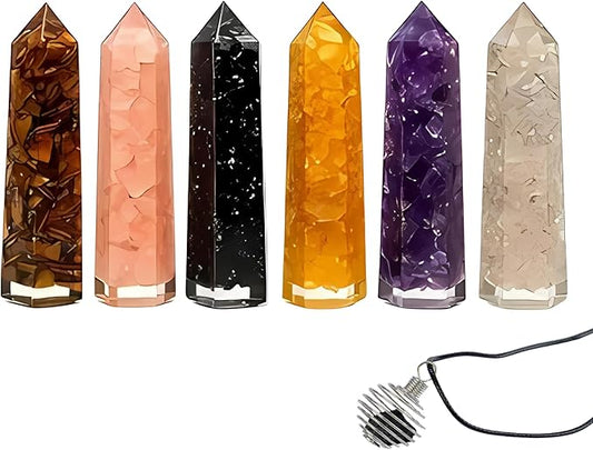 Healing Crystal Wand Set of 6 Orgonite with 3.5” Amethyst, Tigers Eye, Rose Quartz, Black Tourmaline Stone, Citrine Crystal, Clear Quartz, Crystals and Healing Stones Plus Black Tourmaline Necklace