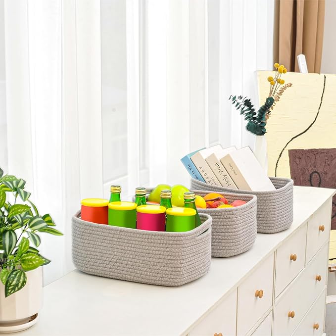 Small Grey Baskets for Organizing, Gray Storage Basket for Shelves, Woven Baskets for Storage, Small Organizer Basket for Décor Gifts, 13"×8.5"×5.1" (3 Packs) Grey