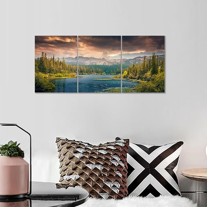 Lake Landscape Canvas Wall Art Poster Print White Clouds Forest Mountains HD Picture Painting Wall Decor Artwork for Modern Home Bedroom Bathroom Kitchen Wooden Framed Ready to Hang [36''W x 16''H]
