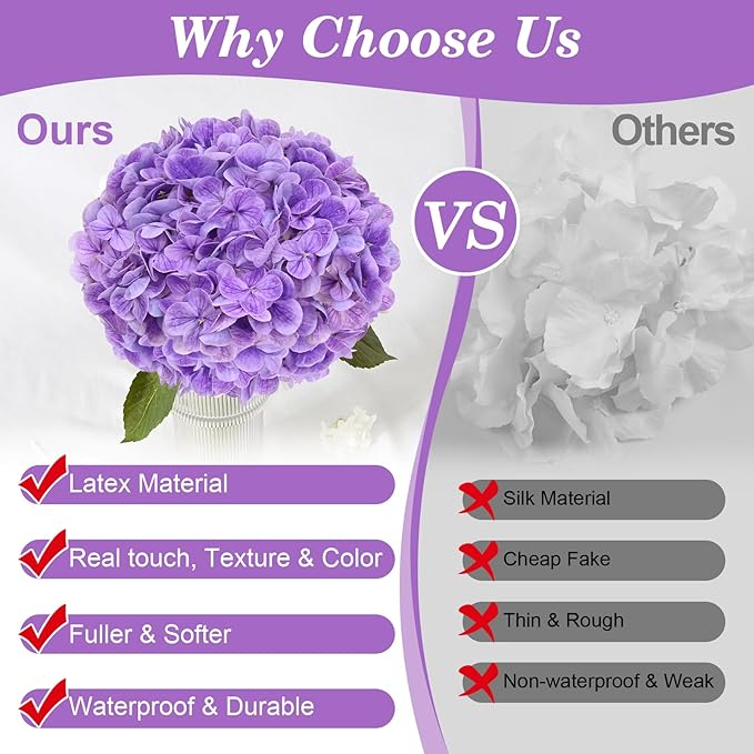 Artflower 4Pcs Real Touch Hydrangea Artificial Flowers, 22.5'' Purple Full Latex Faux Hydrangea Flowers for Home Floral Arrangements Wedding Bouquets Kitchen Table Centerpiece Decorations