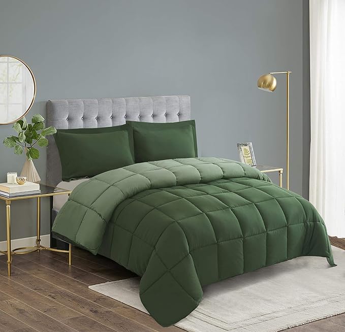 HIG 3pc Green Comforter Set Full SizeDuvet Insert, Reversible, All Season, Box Stitched, with Corner Tabs, Soft, Fluffy