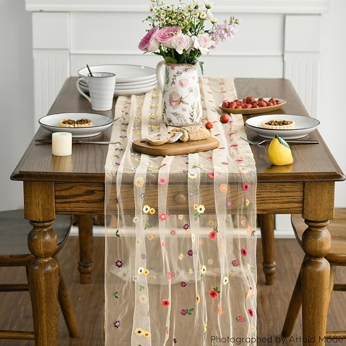 Artoid Mode 6PCS Champagne Embroidery Daisy Gauze Table Runner 120 Inch 10FT, Seasonal Sheer Kitchen Dining Holiday Wedding Birthday Table Decor for Home Party