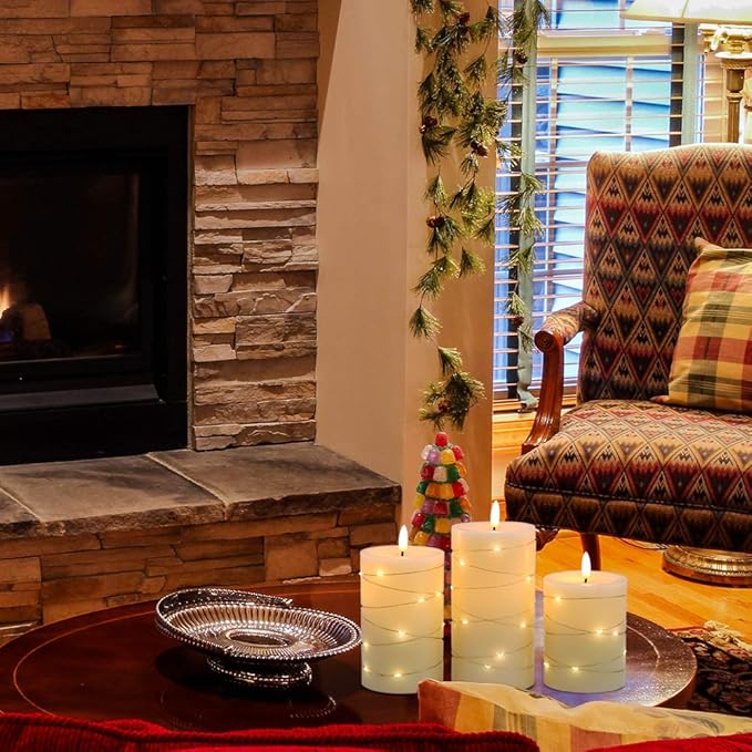 Eldnacele Flameless Candles Battery Operated with Remote and Timer, 3D Wick Flickering Embedded String Lights Real Wax LED Pillar Candles Christmas Holiday Dinner Decor Set of 3 (D3”x H4” 5” 6”)